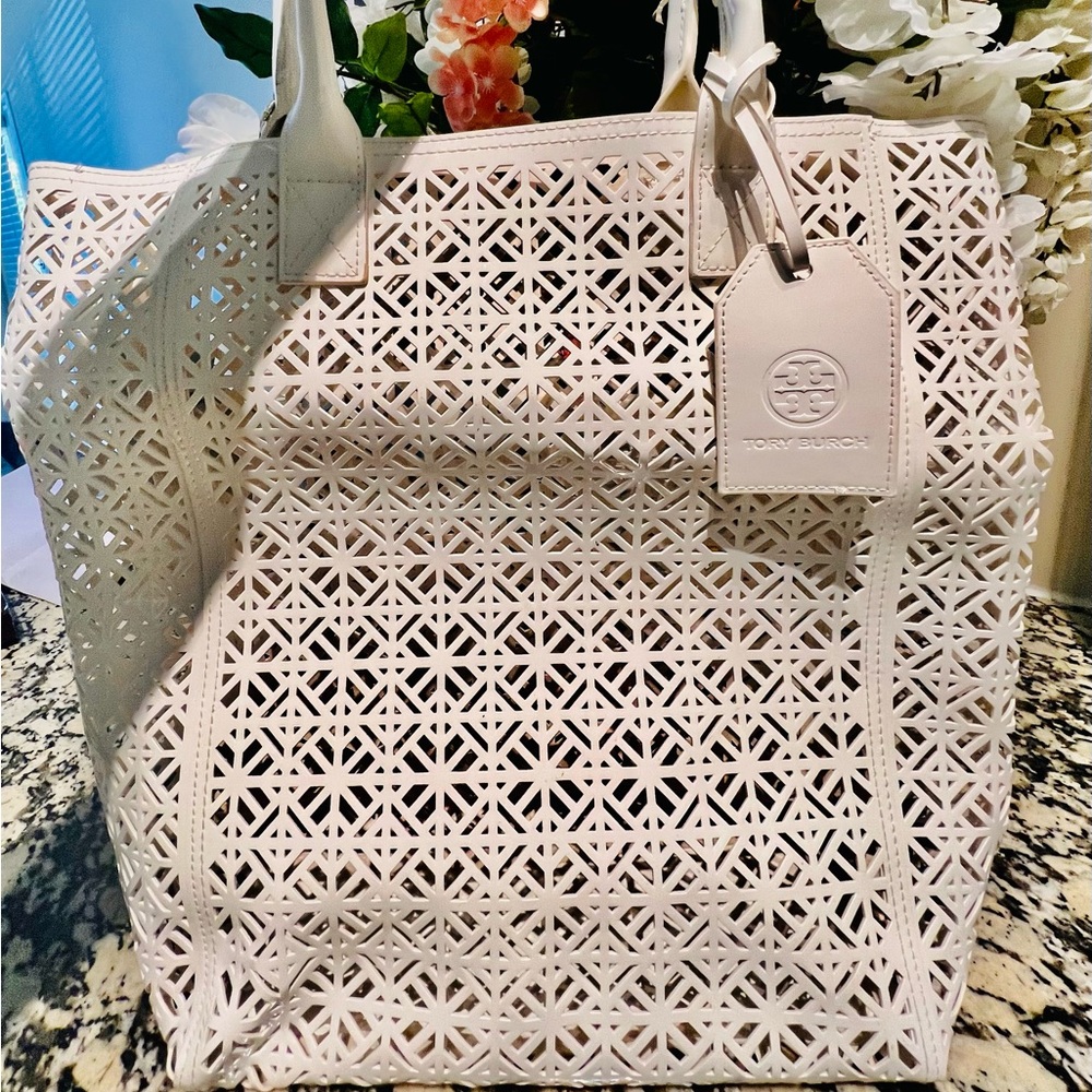 Tory Burch large white shopper tote lace perforated tote bag
